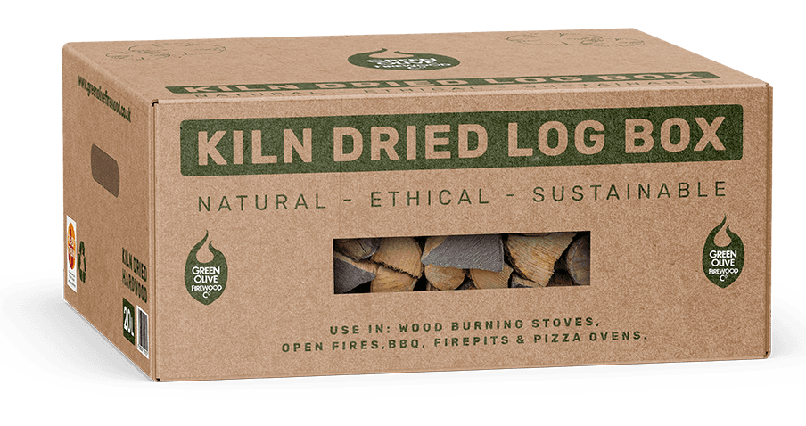Kiln dried hardwood logs packed in a carboard degradable box - suitable for use in wood burning stoves and firepits