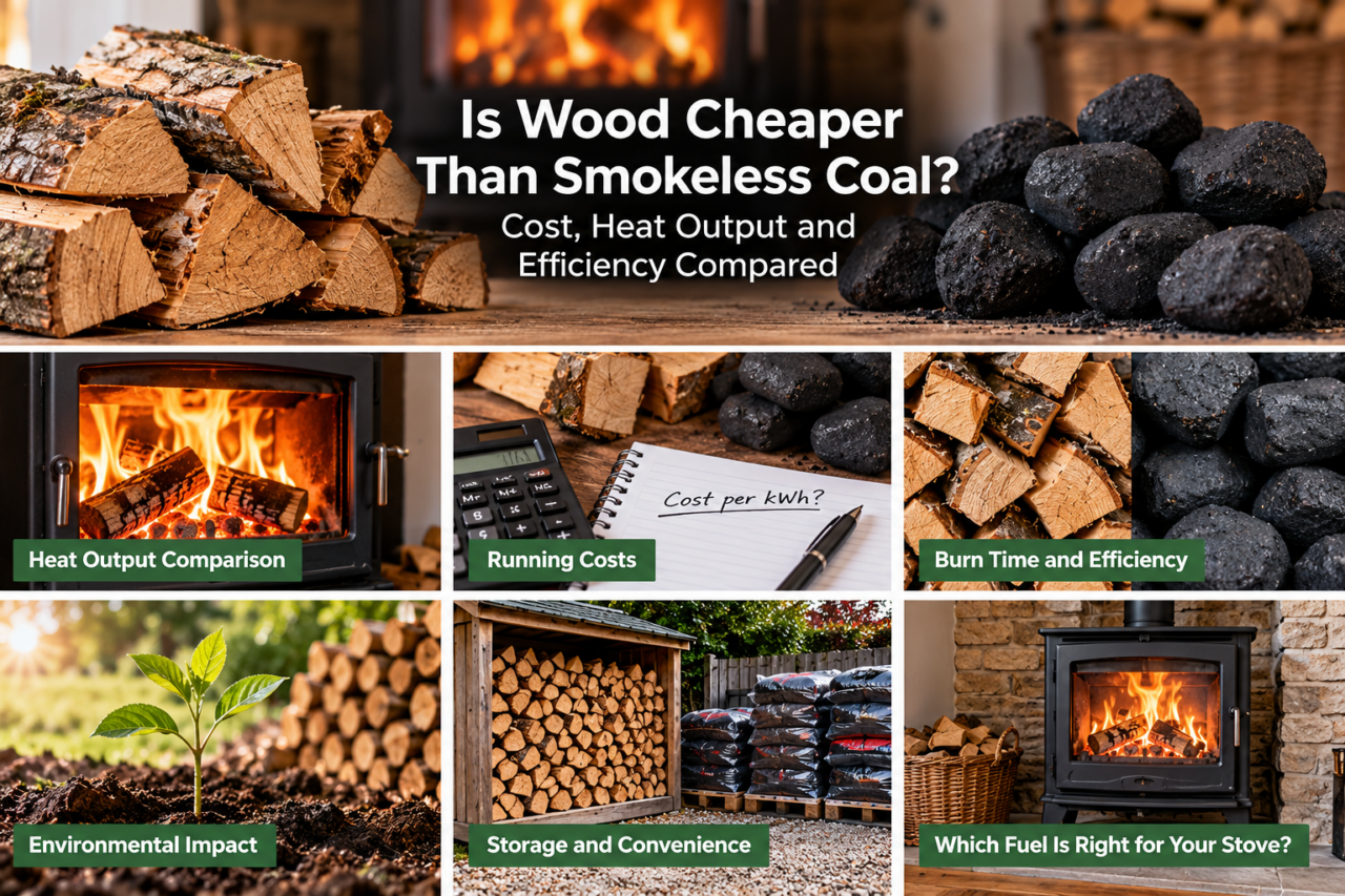 Kiln-dried firewood and smokeless coal compared for cost, heat output, burn time and efficiency.